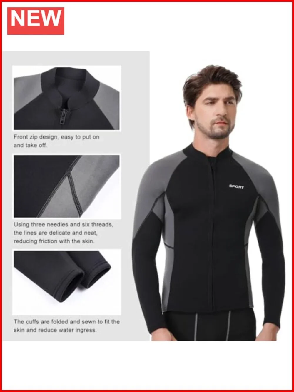 Neoprene Wetsuit Top Long Sleeve Front Zip Swim Surfing Kayak Diving